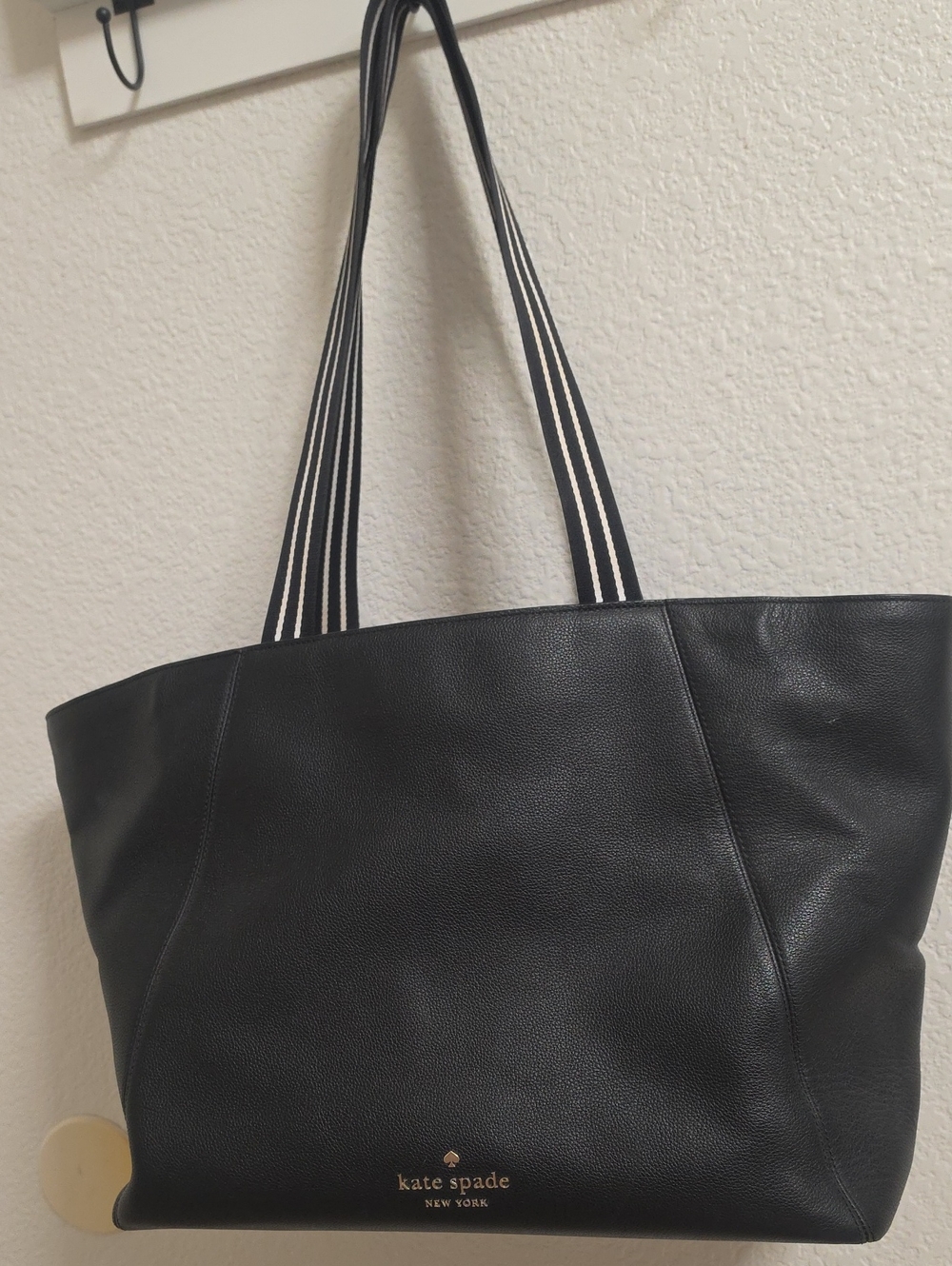 kate spade Black Leather Tote with Striped Shoulder Handles